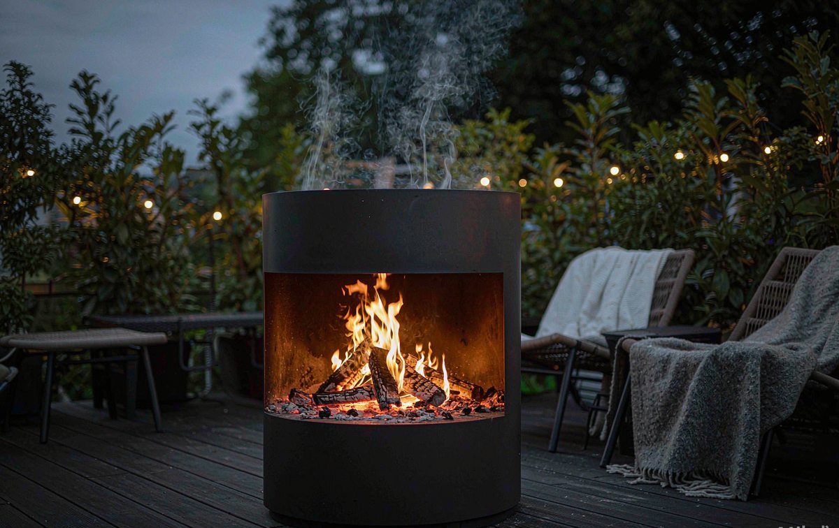 Steel fire pit burning on a backyard terrace at dusk