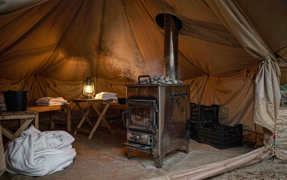 Tent sauna heater with sauna stones inside a canvas hot tent